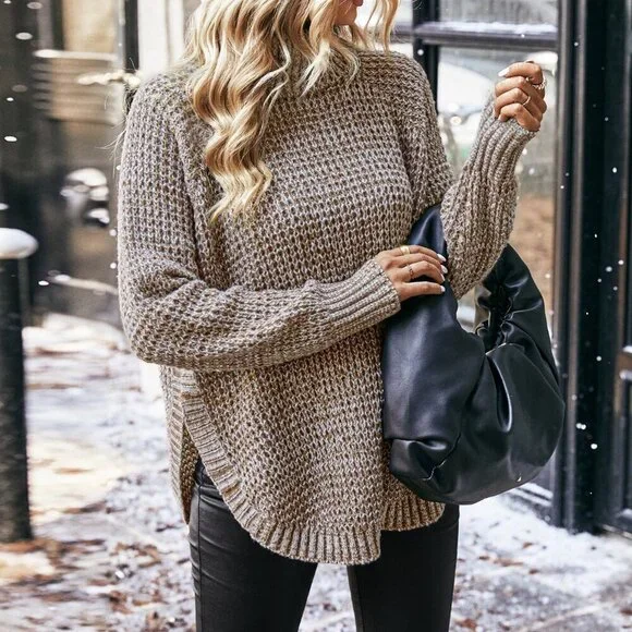 Khaki Casual Women's Turtleneck Raglan Sleeve Sweater - Picture 5 of 6